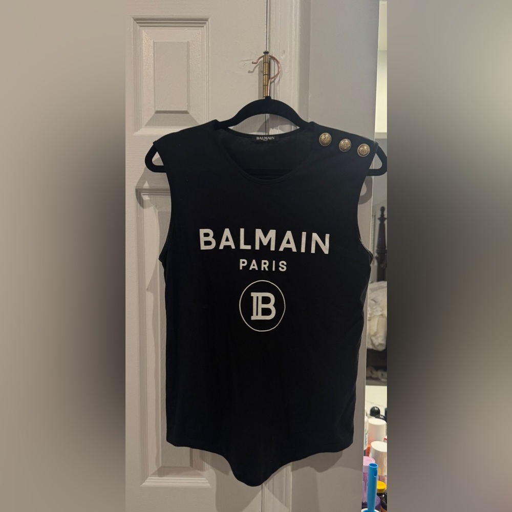 Balmain Black Muscle Tee with Gold Buttons